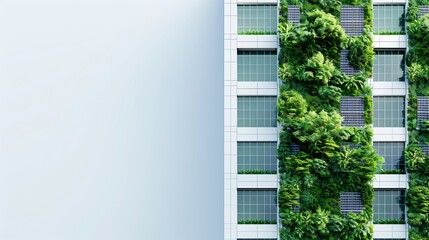 Wall Mural - Crystal-clear image of a sustainable office building, green wall, solar panels visible,