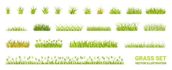 Grass icons. Tuft blade silhouette, green field isolated border or spring lawn shape. Nature summer garden. Decorative botanical meadow elements. Herbal border design. Vector isolated set