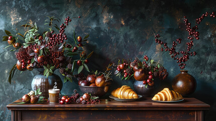 A sophisticated still life composition featuring vases of flowers and fruits alongside plates of croissants, set against a dark, textured background.
