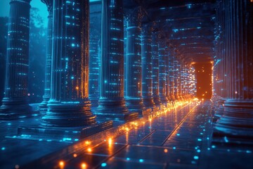 digital technology illustration of greek architecture and columns with glowing blue lights, represen