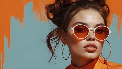 Wall Mural - Digital illustration featuring a close-up portrait of a woman against a vibrant orange background. 