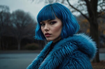 Wall Mural - High-fashion portrait photograph featuring a person with a striking appearance. The subject has light skin and is wearing a voluminous, fluffy blue fur coat