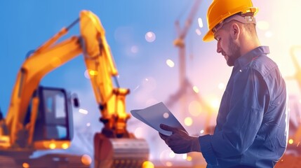 Engineer in safety gear reviews construction blueprints on site at sunset, with cranes and excavators in the background.