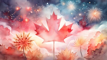 Illustration for Canada Day with large fireworks in the shape of the Canadian flag