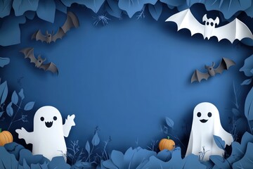 A blue background with two white ghosts and bats