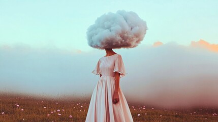 Aufkleber - Young Woman with Cloud Head in Light White Dress and Pink Scarf in Serene Pastel Field - Surreal and Calm Creative Minimalism