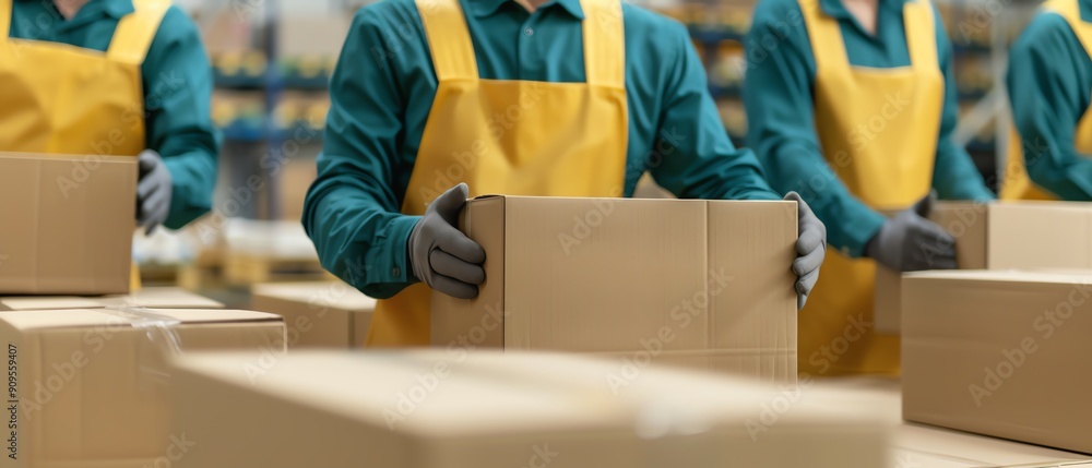 Workers sorting and packing boxes in a warehouse setting. Efficient ...