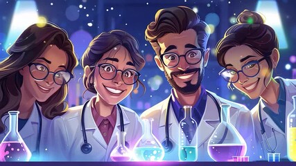 Wall Mural - Four enthusiastic scientists are smiling while performing vibrant experiments in a well-equipped lab, illuminated by various colorful liquids