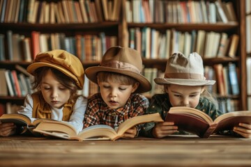 Wall Mural - A group of children gather to read books in the library of an elementary school.