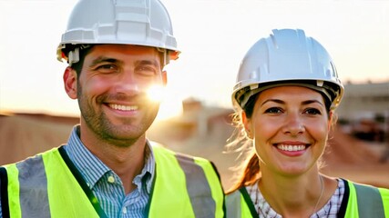 Canvas Print - Male and female engineers smiling and looking at the camera from a construction site.