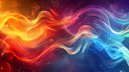 Wall Mural - Abstract digital art featuring vibrant, swirling lines of blue, red, orange, and yellow against a dark background with sparkling, glowing dots.