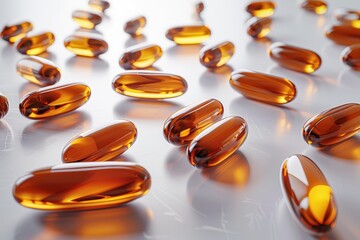 Wall Mural - Cod liver oil capsules scattered on a white background