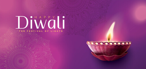 Canvas Print - Happy Diwali festival with oil lamp, Rangoli decoration with Diya, Diwali holiday Background with rangoli, Diwali celebration greeting card,vector.