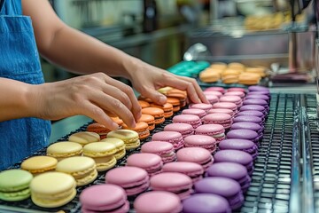 Close shot of many colorful macarons on the foreground while a baker carefully stacks them