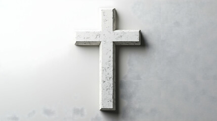 A white stone cross mounted on a textured gray wall. Symbolizing faith and spirituality with a minimalist and serene design.