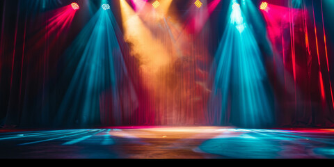 Wall Mural - banner background of an empty stage with colorful spotlights and copy space