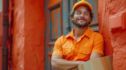 Smiling Delivery Worker in Bright Orange Uniform Enjoys a Break Outdoor in a Vibrant Urban Setting