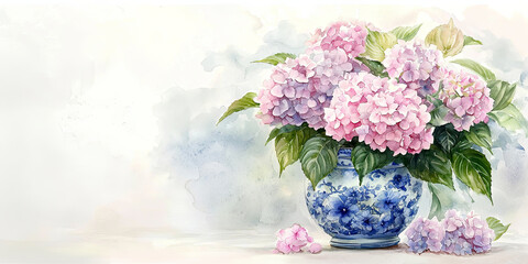 Wall Mural - A watercolor painting of pink hydrangeas in an ornate blue vase, generative AI