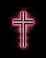 Neon shine christian cross on brick wall. Religion concept illustration. 3D render