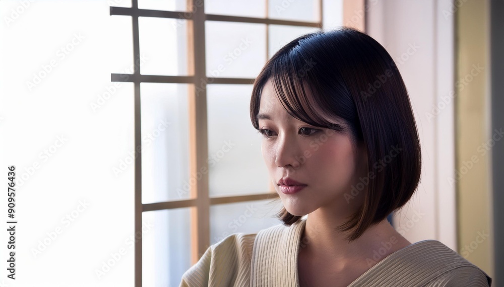 A cute Japanese girl with a thoughtful expression, appearing worried ...