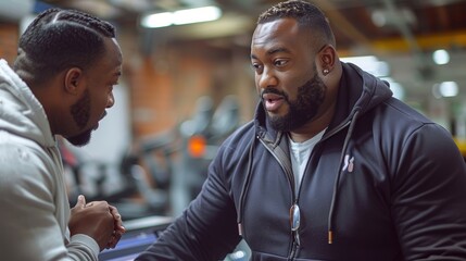 Two Fitness Enthusiasts Engaging in Motivational Conversation at Gym During Evening Hours