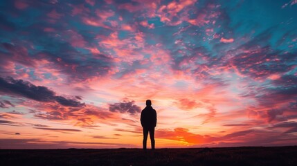 Canvas Print - Silhouette of a person standing against a colorful sunset sky.