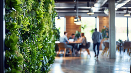 Environment concept. Green office space, Interior of a office with green plants and people in the background