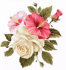 Poster - Beautiful vintage pink roses and hibiscus flowers with green leaves on a white background, a floral bouquet illustration