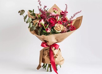 Bouquet of flowers wrapped in brown paper with red ribbon on a white background