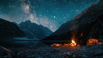 Canvas Print - A person sitting by a campfire in the mountains, under the stars