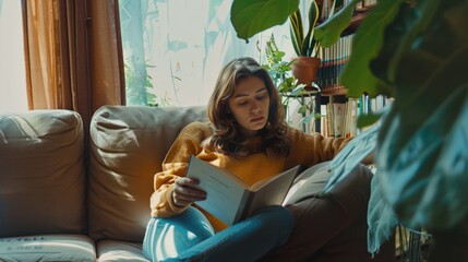 Wall Mural - Young adult woman reading a book in a cozy corner