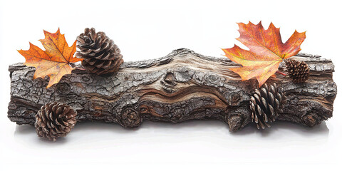 Sticker - A rustic wooden log with two pine cones and autumn leaves on it, generative AI