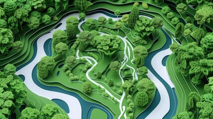 Wall Mural - An aerial view paper cut of a forest with intertwining rivers and walking trails, showcasing sustainable tourism practices in natural settings.