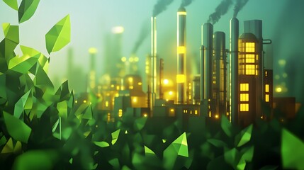 Futuristic green industry concept featuring a factory icon surrounded by glowing low polygonal leaves, symbolizing sustainable manufacturing