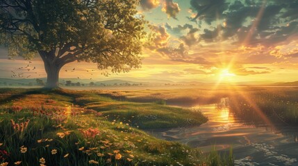 Wall Mural - Tranquil Sunset over a Serene Meadow