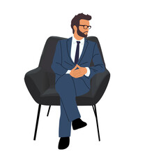 Businessman sitting at office armchair. Handsome bearded business man wearing formal suit, tie and glasses. Cartoon male character. Vector realistic illustration isolated on transparent background.