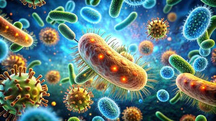 Wall Mural - Microscopic view of a bacterium with detailed structure amidst floating viruses, highlighting concepts of microbiology and infection