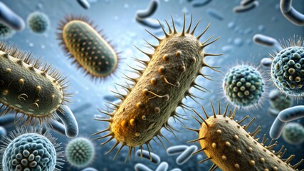 Microscopic view of a bacterium with detailed structure amidst floating viruses, highlighting concepts of microbiology and infection