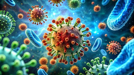 Wall Mural - Microscopic view of a bacterium with detailed structure amidst floating viruses, highlighting concepts of microbiology and infection