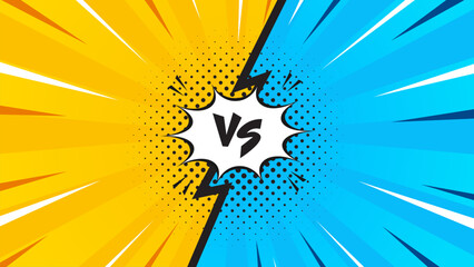 Wall Mural - Bright yellow and blue versus comic-style background. Pop art comic sunburst effect background with halftone. Suitable for templates, sale banners, events, ads, web and pages