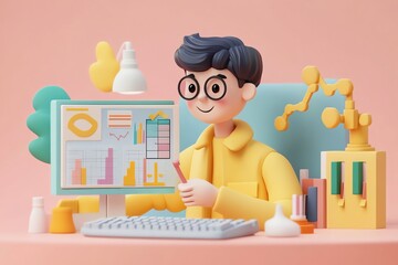 Leinwandbilder - 3D Illustration of a Person Analyzing Data on a Computer.