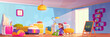© klyaksun - Little girl playing with toys in bedroom. Vector cartoon illustration of happy child character sitting on floor with cute dino, room furnished with bed, desk, mirror, drawer, books on shelf, sunlight