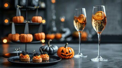 Stylish Halloween party setup featuring pumpkins, festive treats, and sparkling drinks for a perfect autumn celebration.