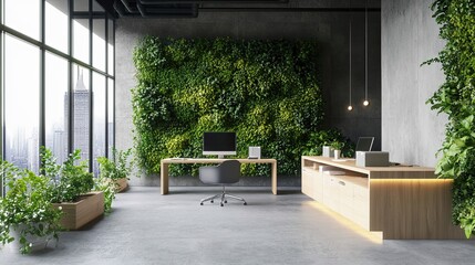 Sticker - Modern Office Interior with a Green Wall and City View