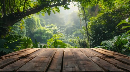 Poster - Rustic Wooden Table in Lush Green Forest Ideal for Nature Inspired Products