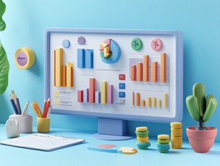 Leinwandbilder - Colorful 3D computer screen showing graphs and charts on blue background.