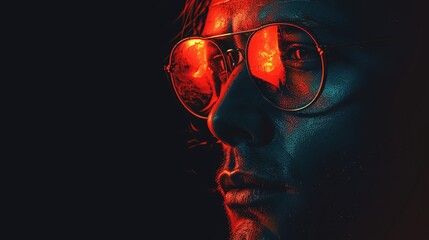 Close-up portrait of a man wearing sunglasses with red light reflecting in the lenses.