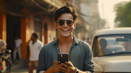 Canvas Print - young handsome man wearing sunglasses and using smartphone