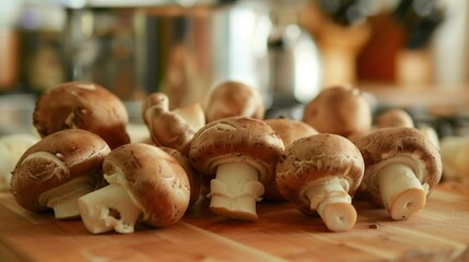 Sticker - Fresh Brown Mushrooms on Wooden Cutting Board