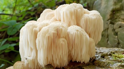 Lions mane mushroom. A close-up view of a cluster of unique, cascading white mushrooms growing on a rocky surface in a lush green environment creates a captivating natural scene. 